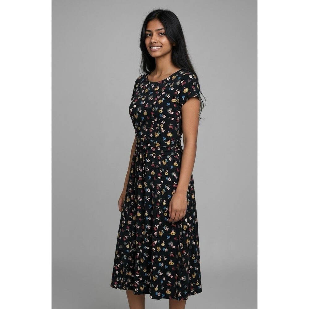 Boden NEW womens midi cherries & flowers ruched waist jersey feel dress size 12L